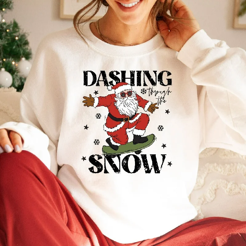 Dashing Through the Snow Christmas Sweatshirt, Womens Christmas Sweater, Skateboarding Santa Crewneck Pullover