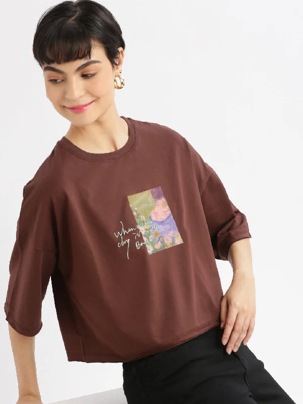 Women Graphic Brown Boxy Crop T shirt