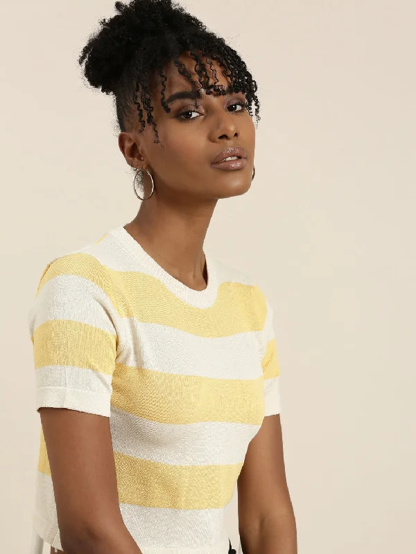 Round Neck Striped Cream Crop Top