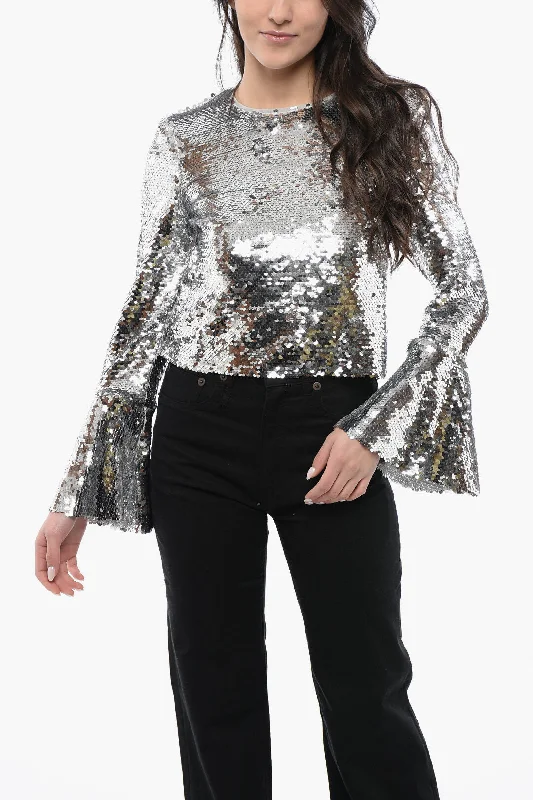 Self-Portrait Sequined Cropped Top With Bell Sleeves