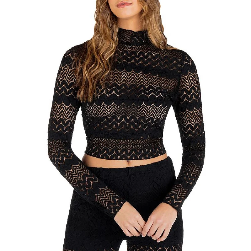 Womens Lace Mock Neck Cropped