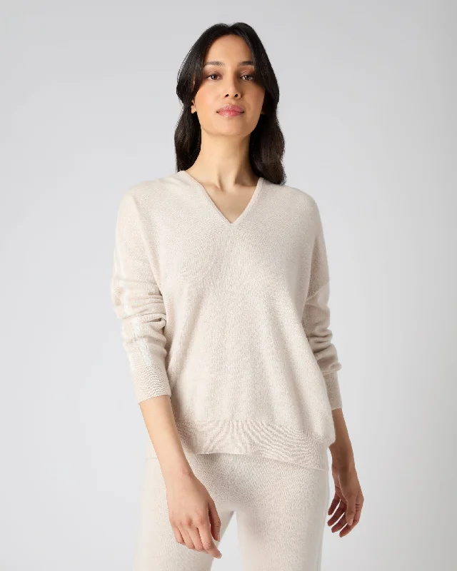 Women's Lurex Detail Cashmere Hoodie Ecru White