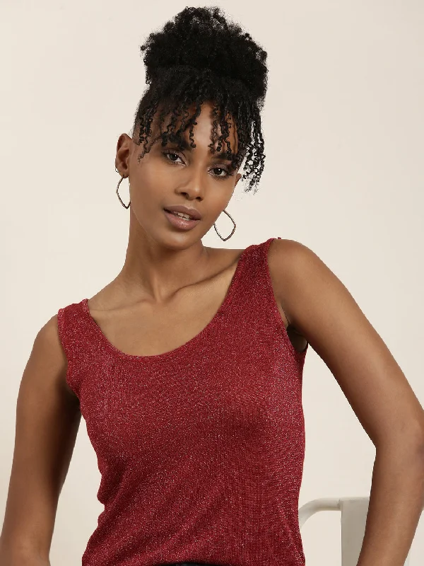 Scoop Neck Embellished Maroon Tank Regular Top