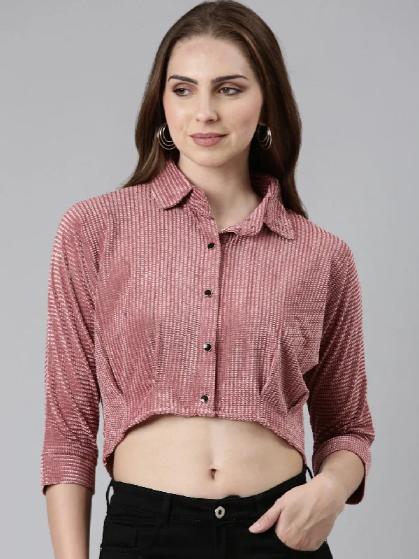 Shirt Collar Kimono Sleeves Self Design Mauve Crop Top