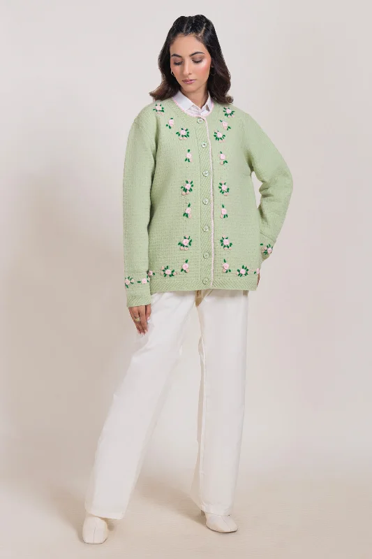 GREEN-ROUND NECK FULL SLEEVES CARDIGAN SWEATER (24X-038-66)