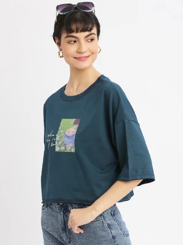 Women Graphic Teal Boxy Crop T shirt