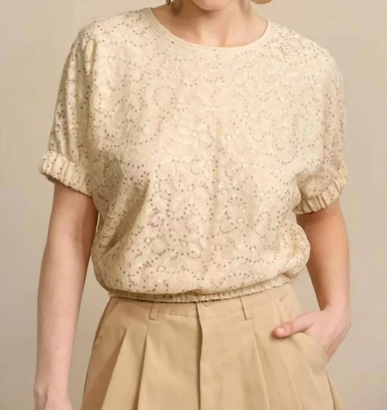 Floral Lace Sequin Sparkle Crop Top In Ivory