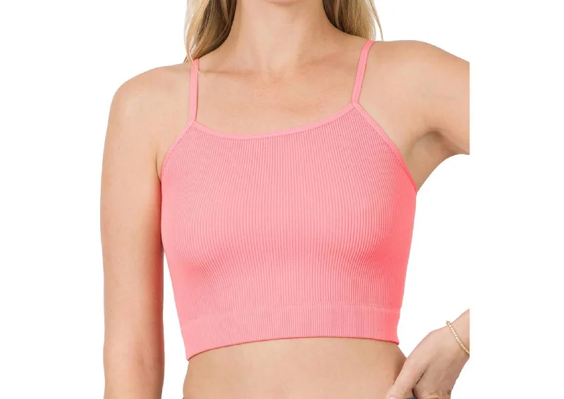 Ribbed Seamless Spaghetti Strap Crop Cami In Coral Pink