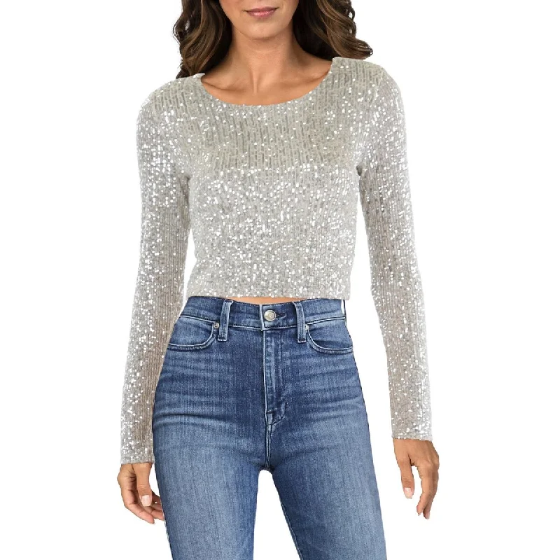 Aurora Womens Sequined Crewneck Cropped