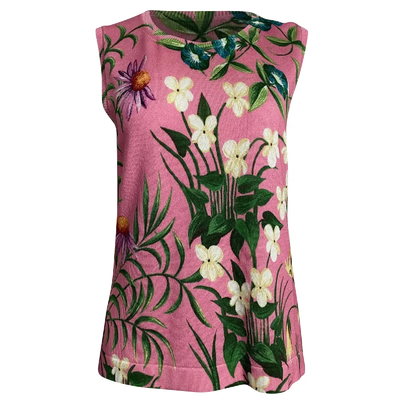 Oscar De La Renta Floral Printed Tank Top in Multicolor Cotton