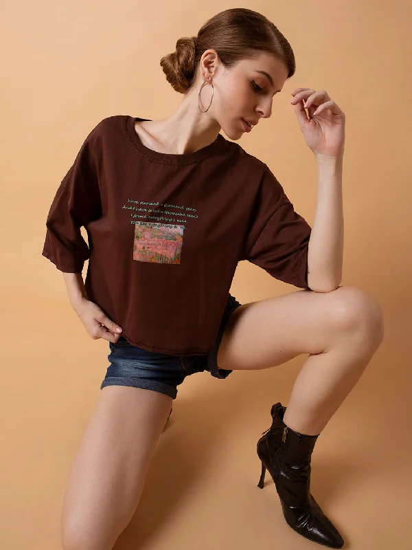 Women Graphic Brown Boxy Crop T shirt