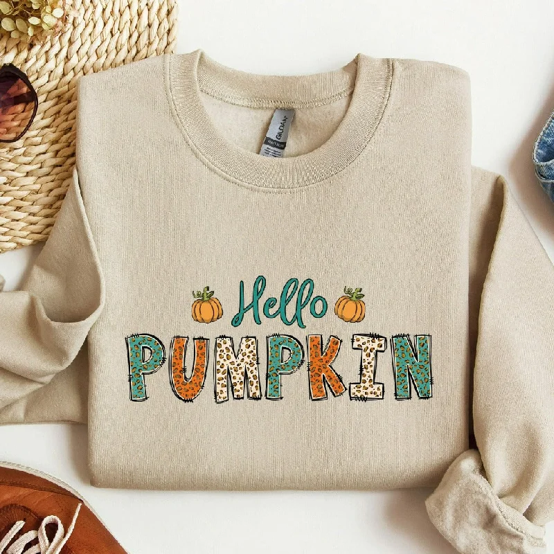 Hello Pumpkin Sweatshirt, Cute Fall Crewneck, Fall Leopard Print Shirt, Halloween Shirts, Autumn Apparel