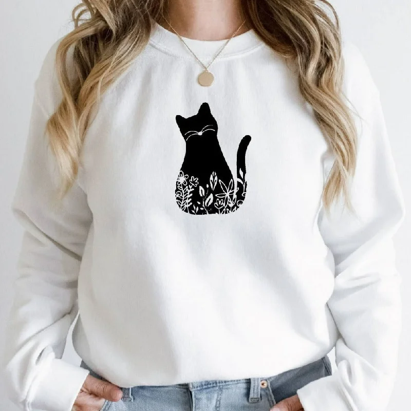 Floral Cat Crewneck Sweatshirt, Cat Shirts for Women, Cute Cat TShirt, Cat Mom Gift for Cat Lover