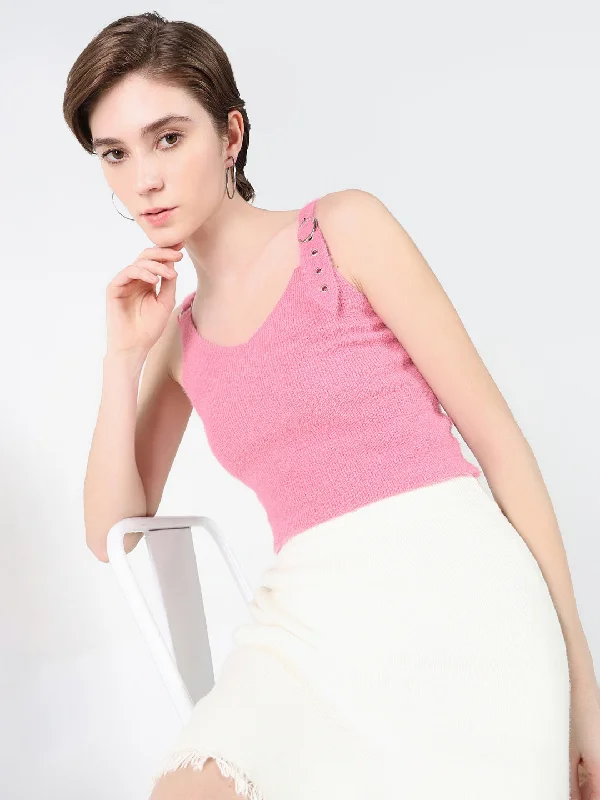 Women Solid Pink Tank Top