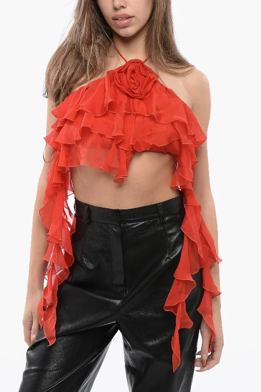 Blumarine Silk Crop Top With Ruffles