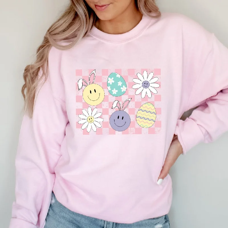 Checker Smiley Face Bunny Egg Sweatshirt, Easter Bunny Crewneck, Retro Easter Sweater, Distressed Easter Shirt