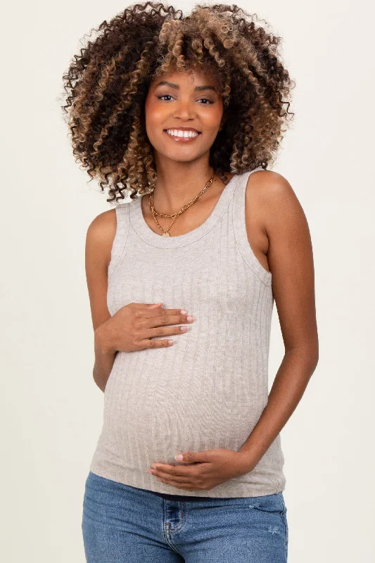 Beige Heather Ribbed Scoop Neck Maternity Tank