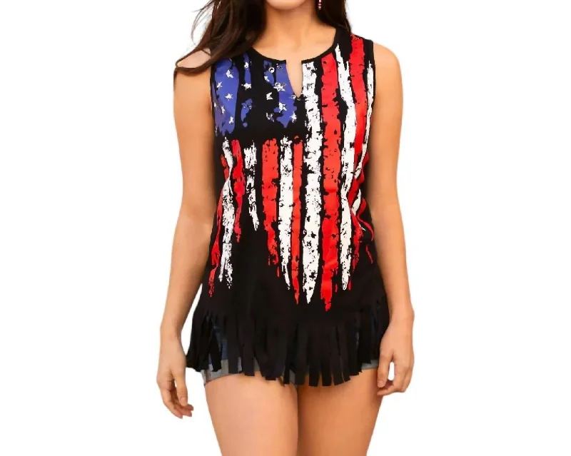 American Flag Tank Top With Fringe In Black