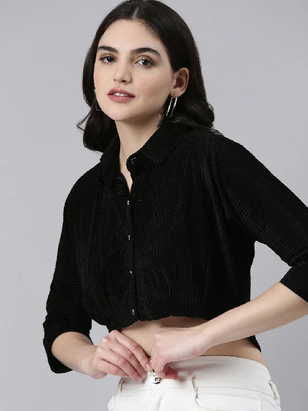 Shirt Collar Kimono Sleeves Self Design Black Crop Top