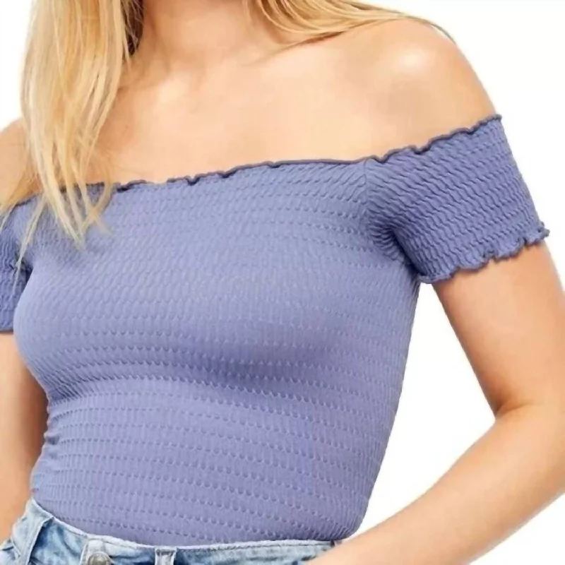 Intimately Moulin Ruched Off The Shoulder Crop Top In Blue