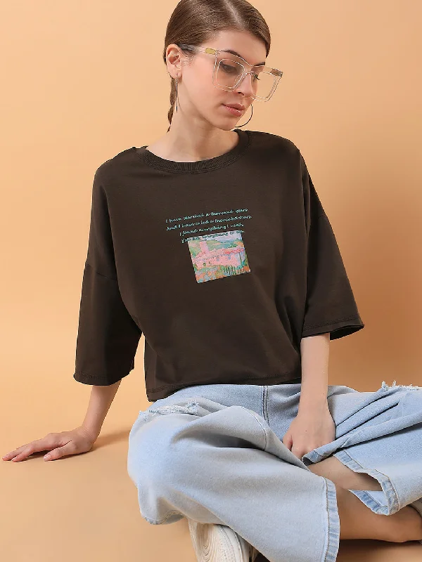 Women Graphic Olive Boxy Crop T shirt