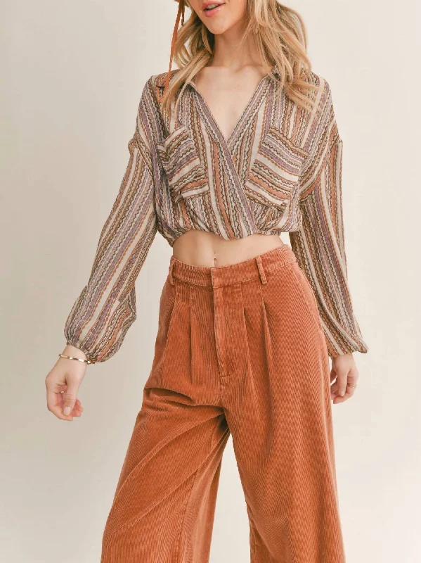 Bohemia Surplice Crop Top In Taupe Multi