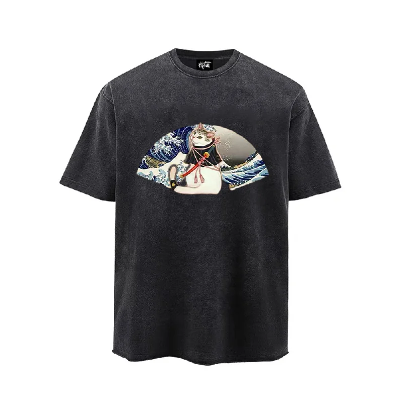 “Ukiyoe famous painting Kanagawa Japanese samurai cat” T-shirt