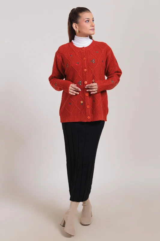 RED-WOOD-ROUND NECK FULL SLEEVES CARDIGAN SWEATER (24X-033-66)