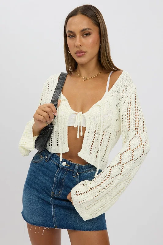 White Crochet Tie Up Cardigan