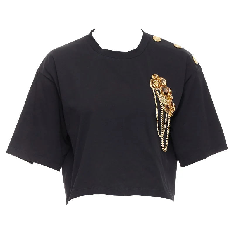 Balmain buttons chain embellished brooch cotton crop tshirt