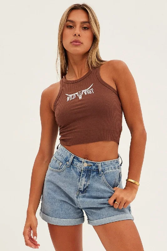 Brown Graphic Tank Embroidered Rib