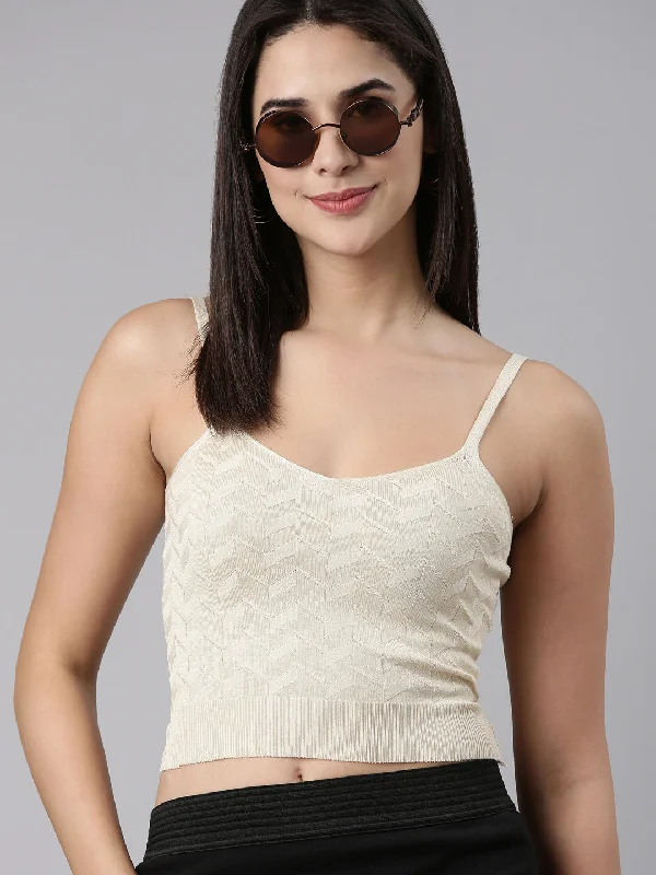 Shoulder Straps Solid Sleeveless Fitted Beige Crop Top