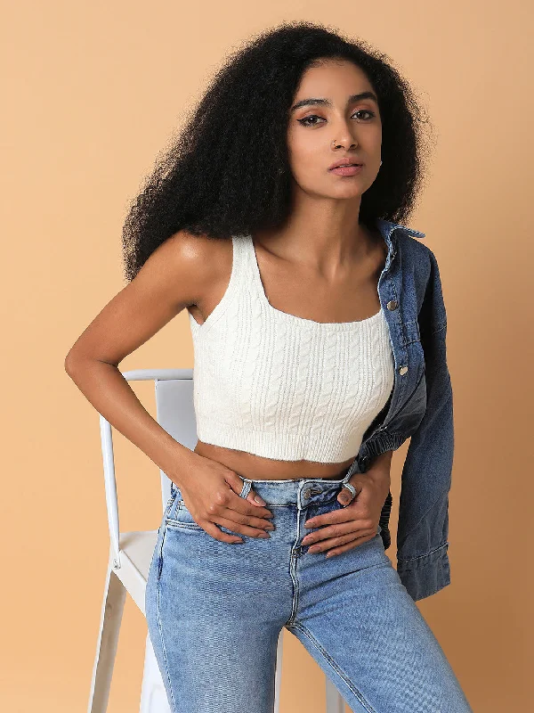 Women Solid Cream Bralette Crop Top