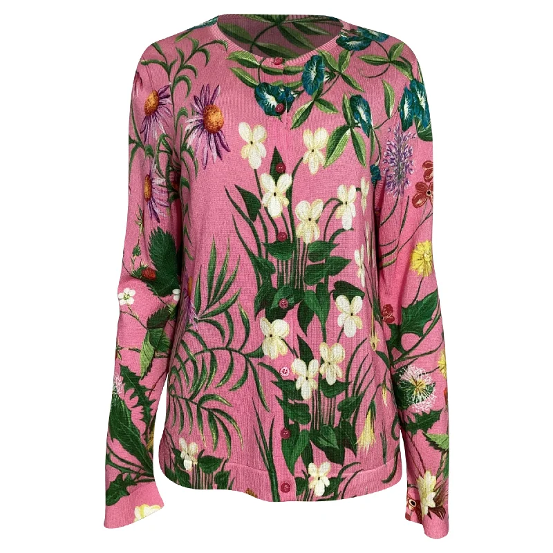 Oscar De La Renta Floral Printed Cardigan in Multicolor Pink