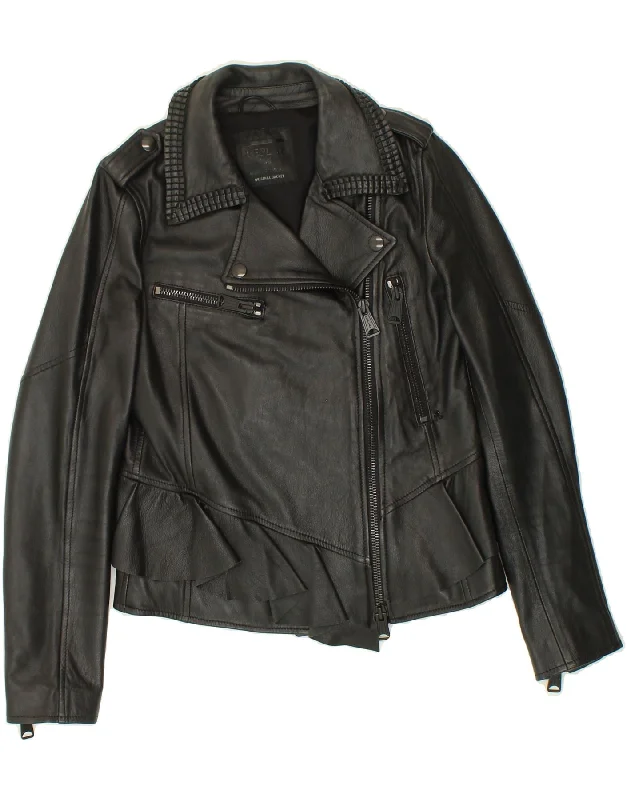 REPLAY Womens Leather Biker Jacket UK 10 Small Black