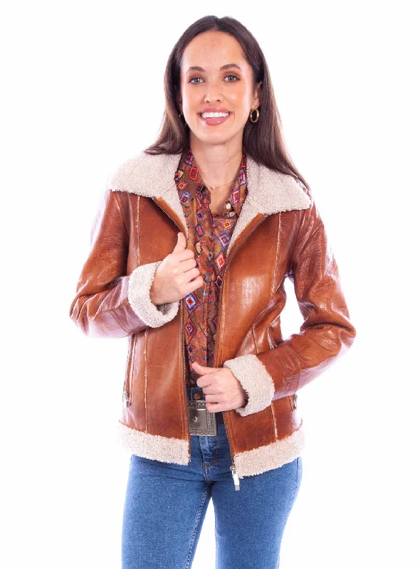 Scully Womens Faux Fur Zip Front Cognac Leather Leather Jacket XL