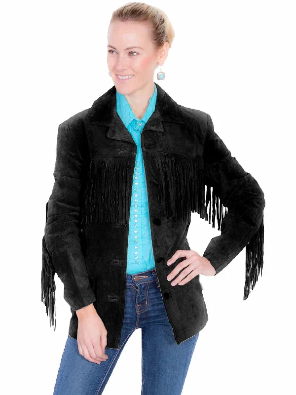 Scully Womens Notched Lapel Fringe Black Leather Leather Jacket XXL