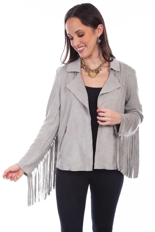 Scully Womens Western Fringe Light Grey Poly/Spandex Faux Leather Jacket