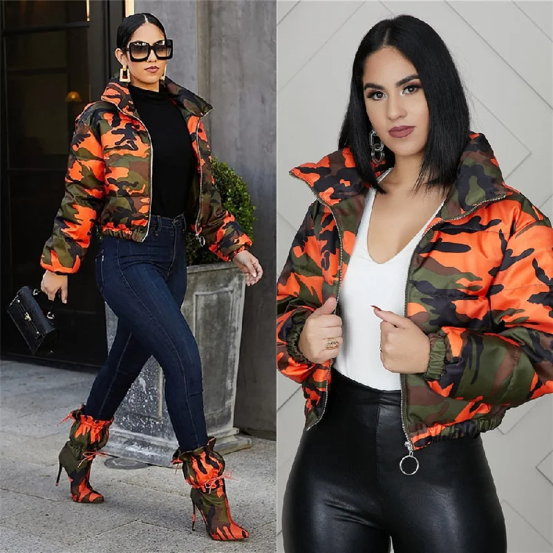 2020 Winter Women Short Parkas High Collar Full Sleeve Zipper Camouflage Print Coat High Street Outer Night Club Jacket Tops