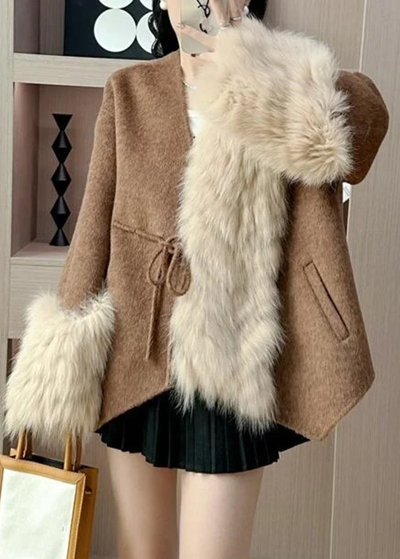 Elegant Caramel Fox Collar Patchwork Tie Waist Woolen Coats Fall