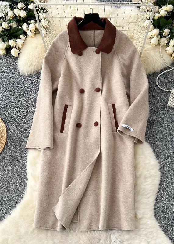 French Light Camel Double Breast Pockets Woolen Coats Winter