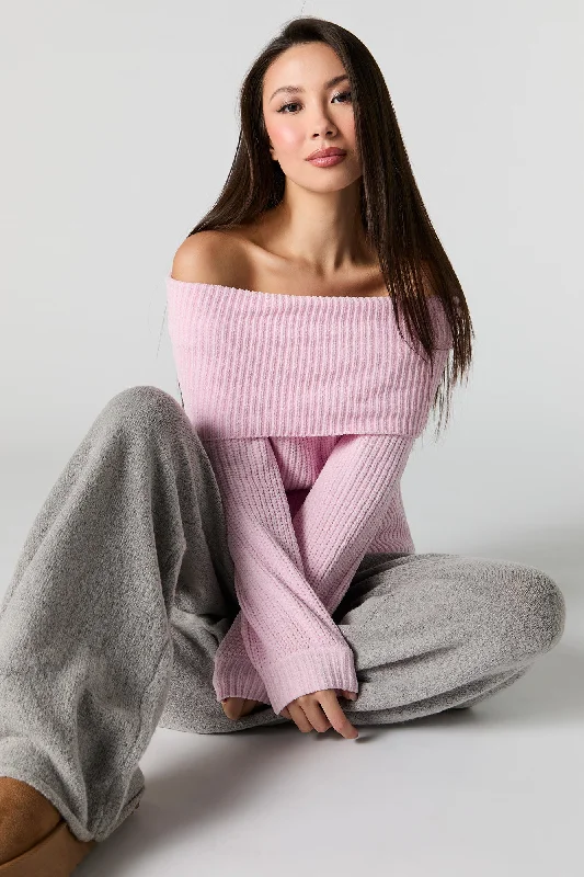 Ribbed Knit Off Shoulder Foldover Sweater