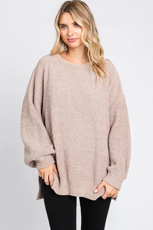 Beige Chenille Knit Balloon Sleeve Sweater