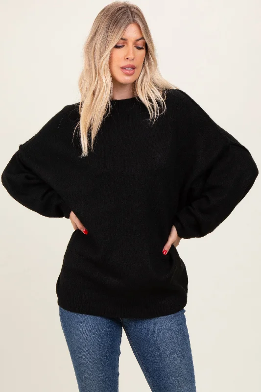 Black Oversized Crewneck Melange Knit Sweater