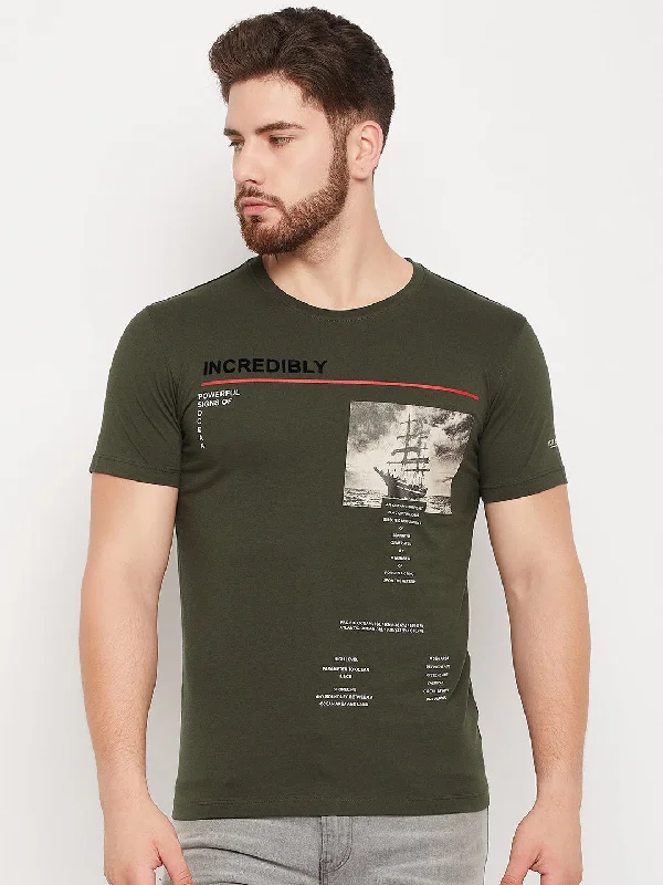 Men Olive Round Neck T-Shirt