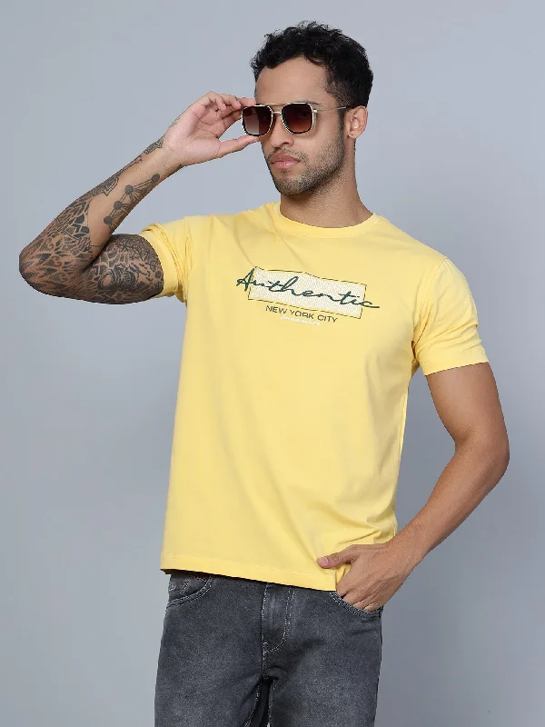 Men Round Neck Yellow T-Shirt