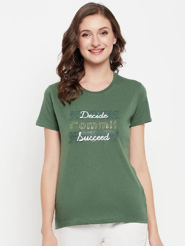 Women's Casual Regular Short Sleeve Green Round neck Typographic Print T-Shirt