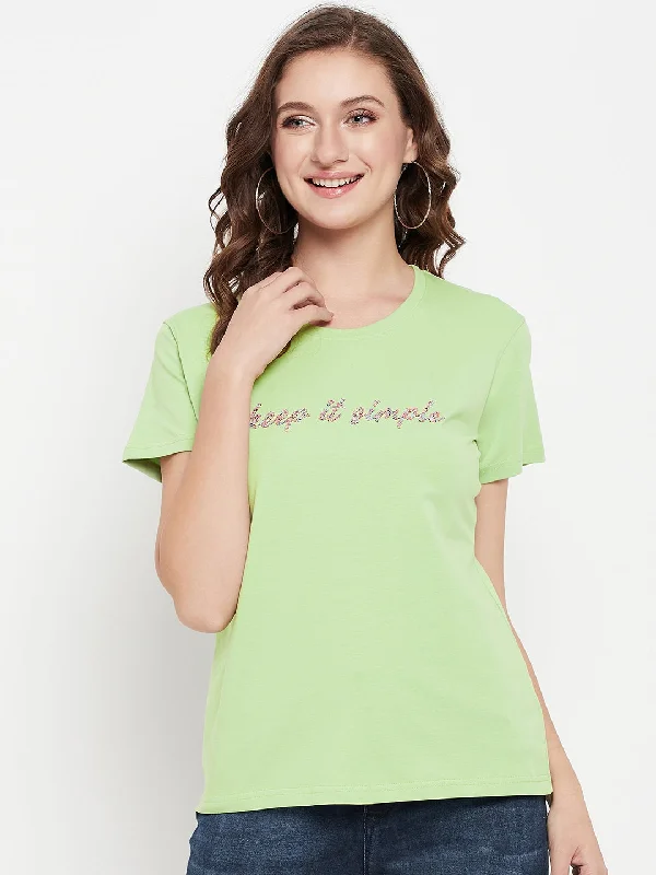 Women's Casual Regular Short Sleeve Light Green Round neck Typographic Print T-Shirt