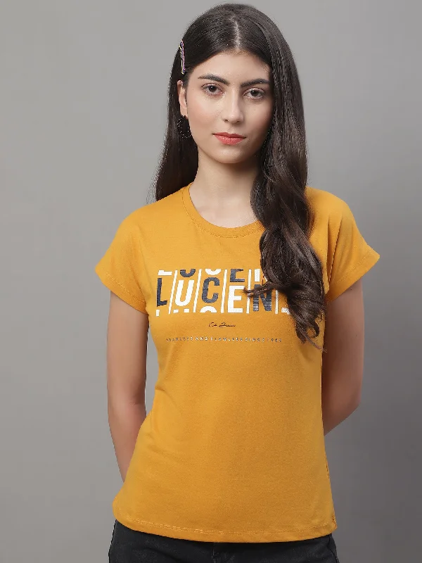 Women's Casual Regular Short Sleeve Mustard Round neck Typographic Print T-Shirt