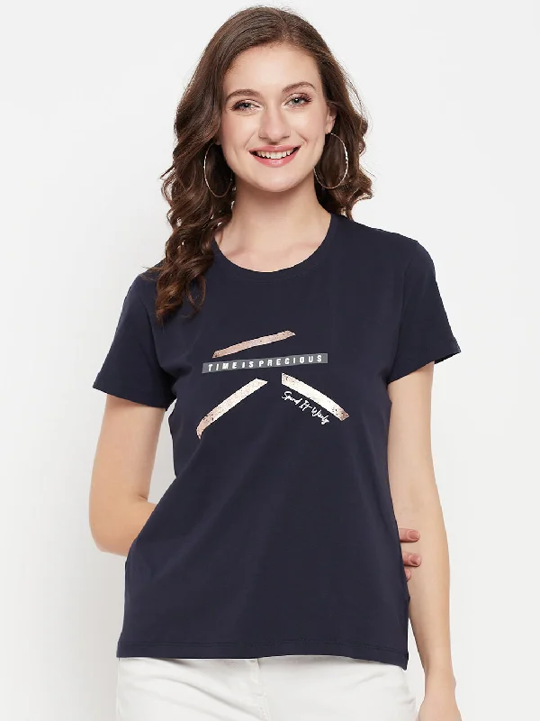 Women's Casual Regular Short Sleeve Navy Blue Round neck Graphic print T-Shirt